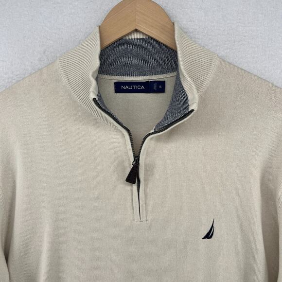 NAUTICA Sweater Mens XL Golf 1/4 Zip Mock Neck Pullover Jumper Cotton Beige - Picture 5 of 15